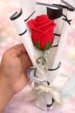 Wrapped Single Red Rose Crochet Bouquet - Image 2